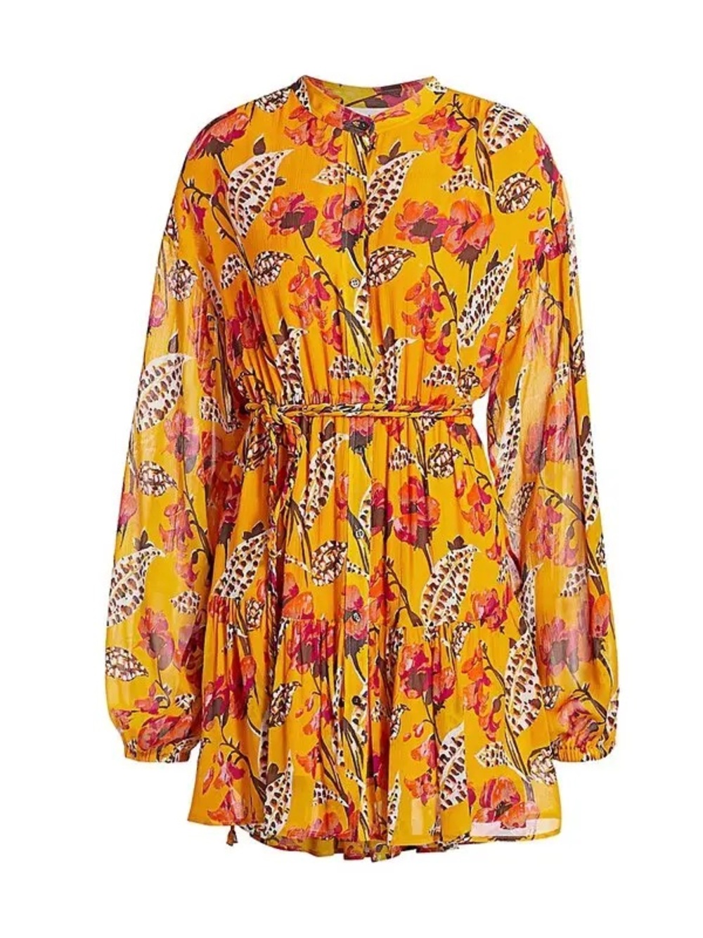 A.L.C. Yellow Floral Tie-Waist Long Sleeve Mini Dress